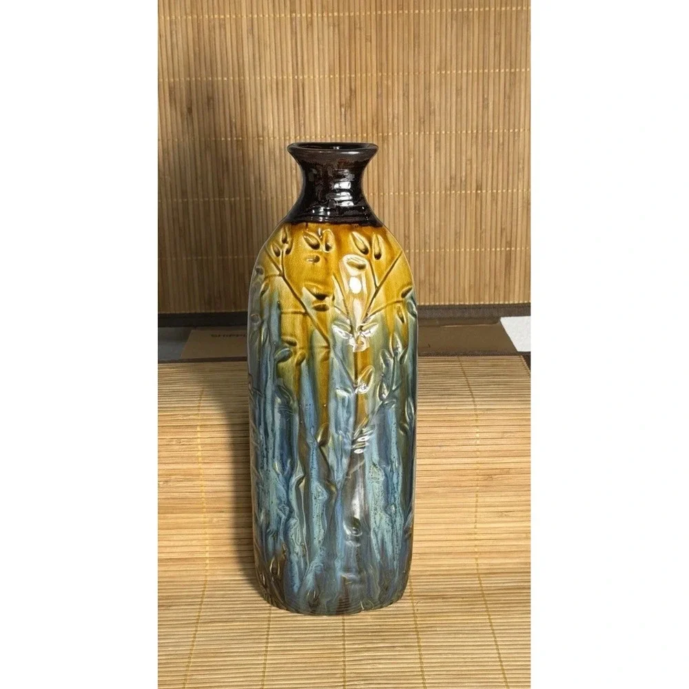 Vintage Style Blue Brown Drip Glaze Art Pottery Vase Embossed Floral Relief